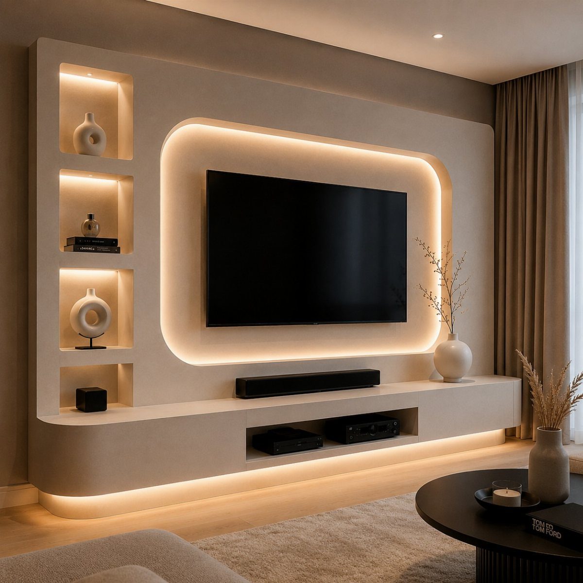 Beige gypsum TV unit with rounded edges and warm integrated LED backlighting.