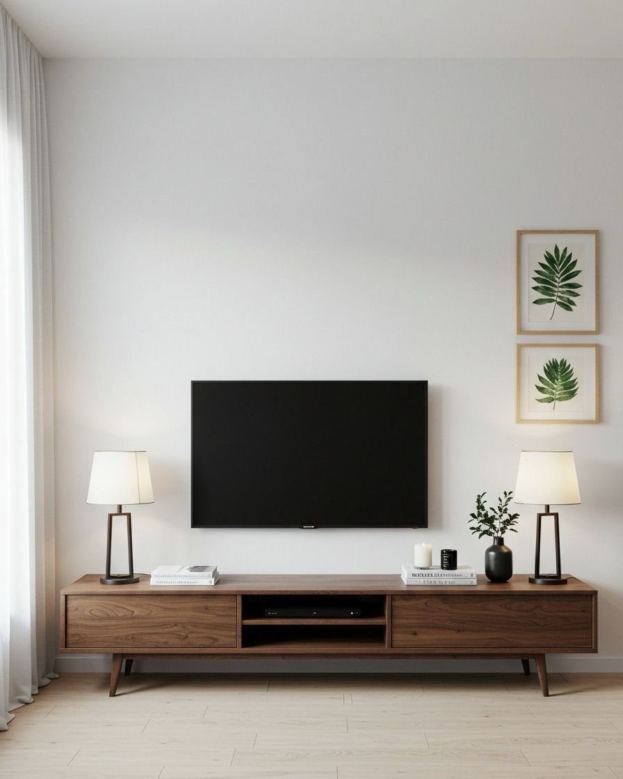 Wooden minimalist TV unit with a flat-screen television and two white lamps.