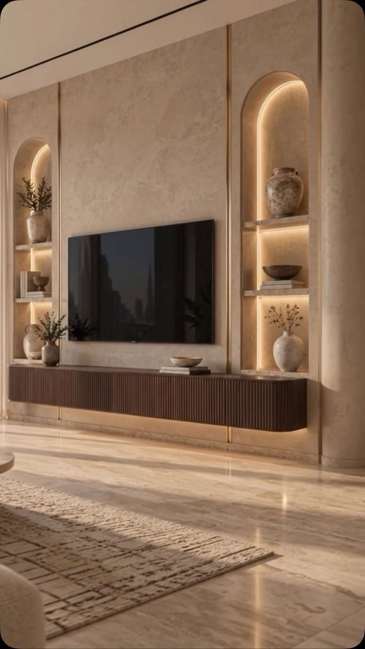 Arched backlit shelving units flanking a wall-mounted TV and a fluted floating console.