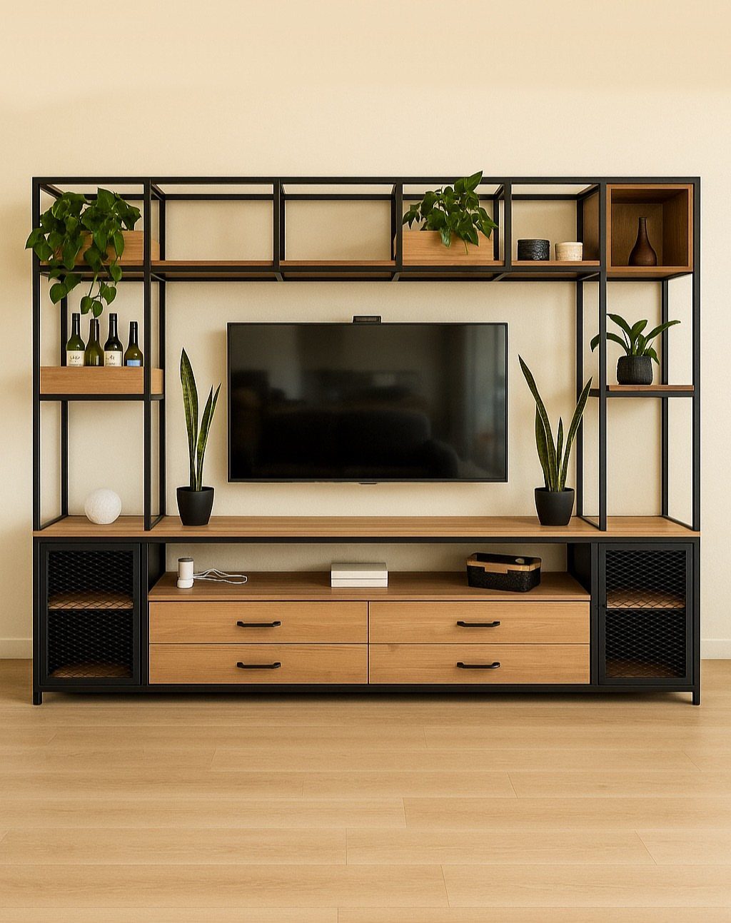 21 Living Room TV Unit Designs Luxury Homes Need in 2026 17 Industrial TV unit with black metal frame, light wood shelves, and potted plants.
